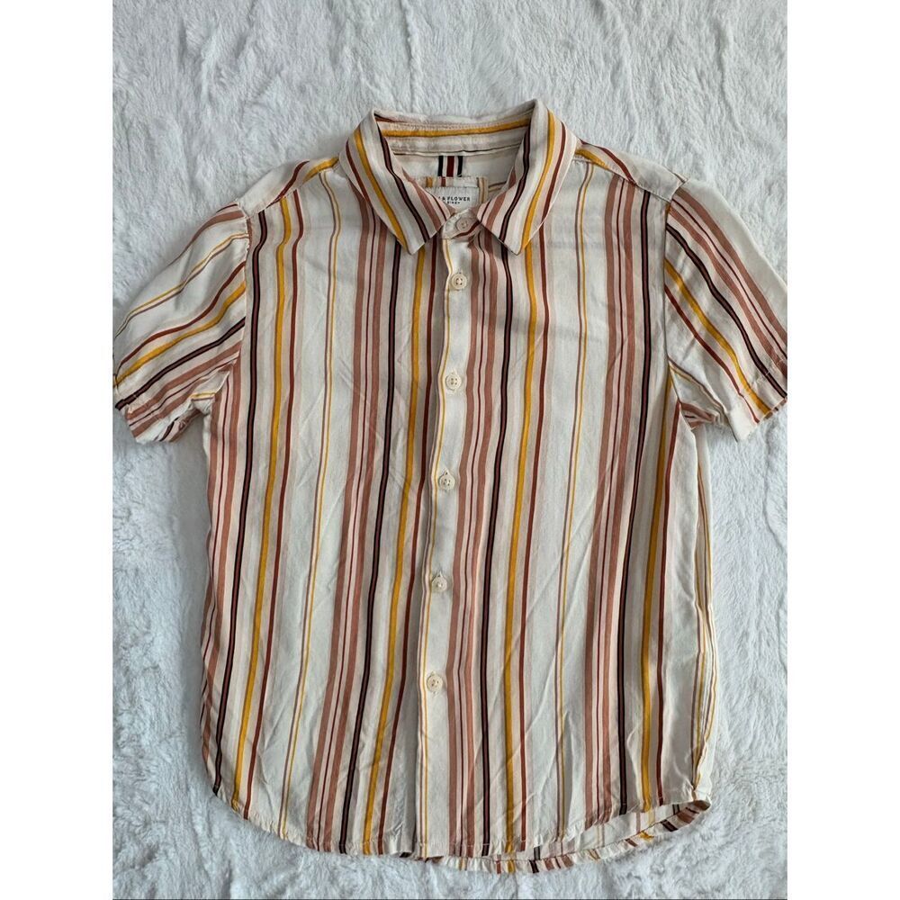 Denim & Flower Ricky Singh Boys Neutral Retro Stripe Short Sleeve Button Down 5/